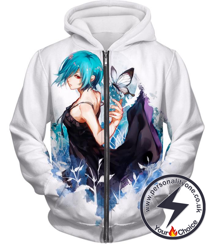 Tokyo Ghoul Beautiful Blue Haired Touka Kirishima Cool Promo White Zip Up Hoodie